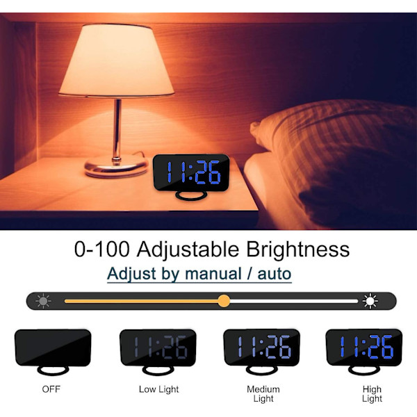 Digital vækkeur, spejloverflade LED elektroniske ure, med USB-oplader, snooze-model