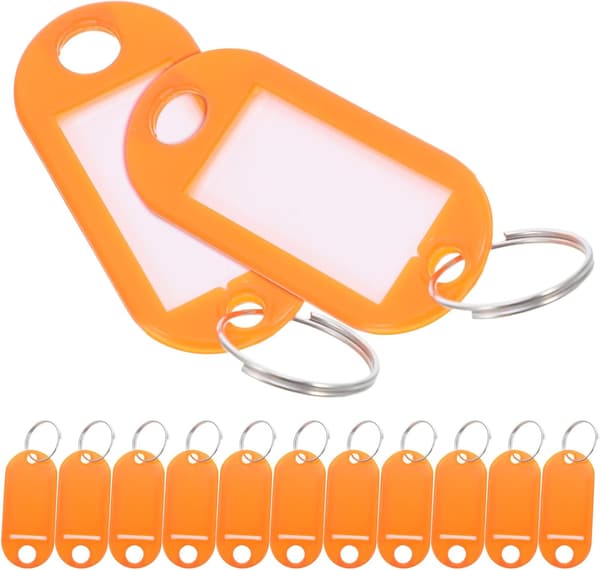100 st orange plastnyckelbrickor med ringar kompakta nyckelskyltar