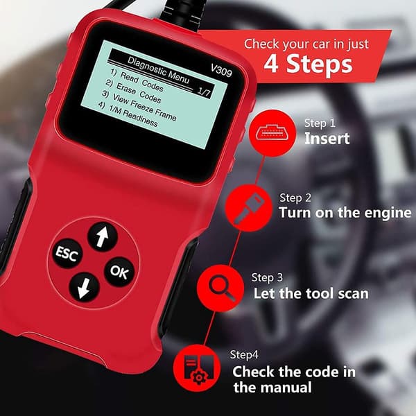 Kablet OBD2 Scanner til Bil, Plug & Play Kodelæser, Kablet OBD2 Scanner, HD LCD Skærm