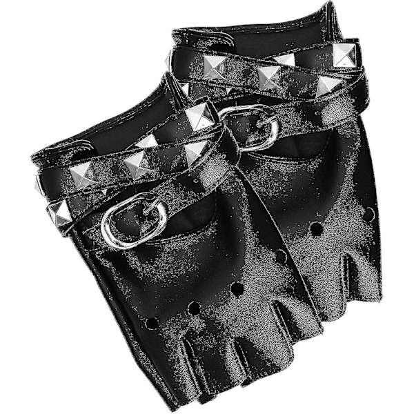 Fingerløse Kunstlæderhandsker - Sorte Biker Punk Handsker Med Bæltelukning Og Nitter Design