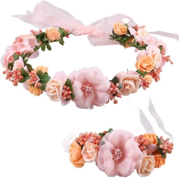Justerbar bryllupsblomst pandebånd Guirlande med blomsterarmbånd hårkrans kronedekoration (tweed pink)
