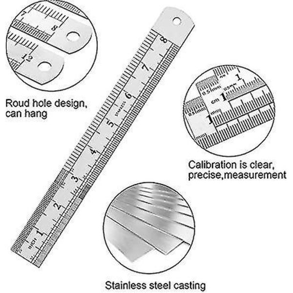 3 stk. Rustfrit Stål Linealer Metric & Imperial Sæt