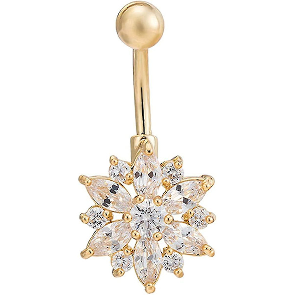 Blomster Navle Ring - Kirurgisk Stål Vibrerende Rhinestone Blomster Navle Ringe Belagt I 18k Guld