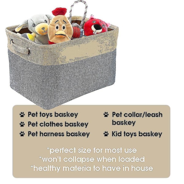 Opbevaringskurv til hundelegetøj, hundelegetøjspose i lærred, foldbar, opbevaringsboks i linned til kæledyrslegetøj, hundeartikler Beige-Gray