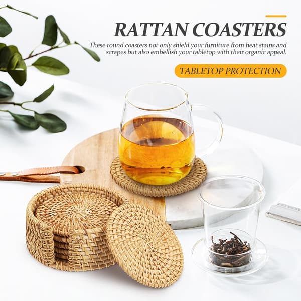 Rattanvevde understell med holder, rustikke absorberende koppunderlag for bordbeskyttelse og ryddig oppbevaring
