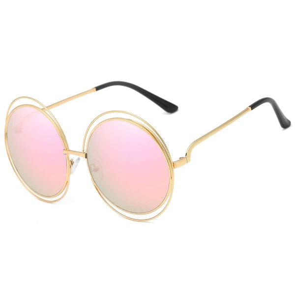 Metall dobbel sirkel trådramme Overdimensjonerte runde solbriller for kvinner rosa
