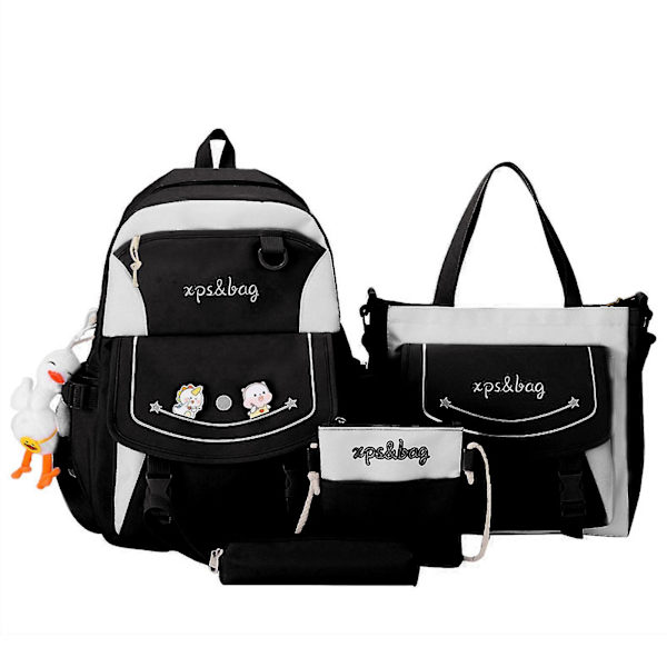 4-pack Cartoon Nylon Skolväska Reseväska Axelväska Pennfodral Black
