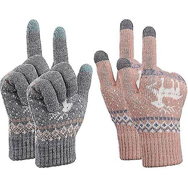 Vinterhandskar för kvinnor med pekskärm, stretchiga stickade varma vantar, vintertermik, damhandskar, smartphones, sms-handskar, en storlek (rosa och grå) 2-pack