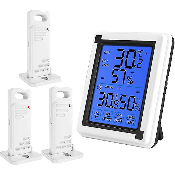 Inomhus- och utomhustermometer, termohygrometer med 3 utomhussensorer, present