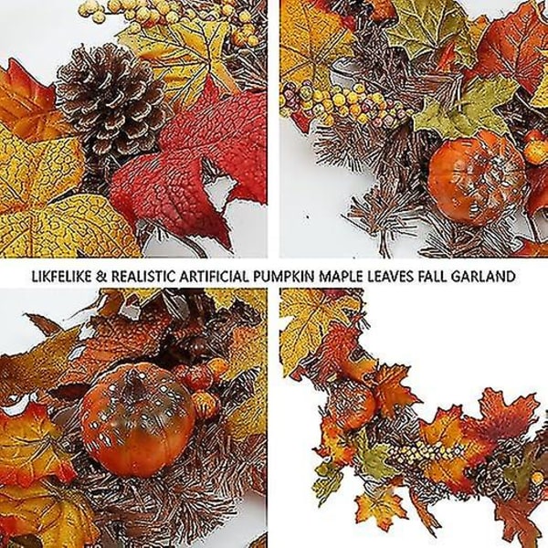 Efterårsguirlande 5,9 fod Kunstig Efterårsløv Maple Leaf Girlande Med Græskar Bær Pinekogler Julehængende Vine Girlande Simuleringskrans Til Fordør