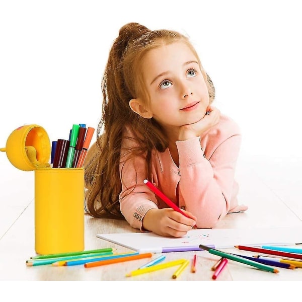 Tegneserie søt blyantveske, stående blyantveske for barn, stående uttrekkbar blyantveske i silikon (farge: gul)