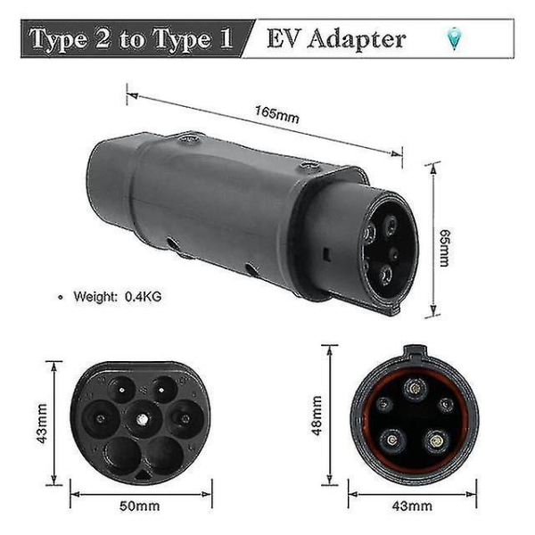 Evse Type2 till Type1 Ev Adapter 32a Enfas kompatibel med typ-2 laddare kompatibel elbil med typ 1 laddningsuttag-yuhao Dark Grey