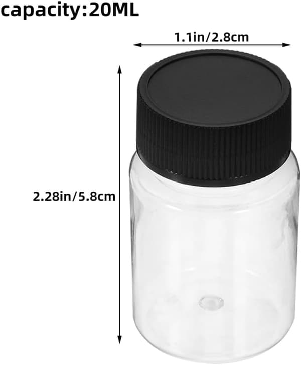 50 st 20 ml provflaskor i plast med svarta skruvkorkar, förseglade flaskor med bred mynning för medicin