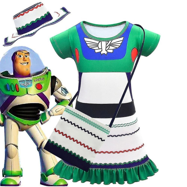 4-10 Kid Girls Buzz Lightyear kostym + hatt + väska 7-8 Years