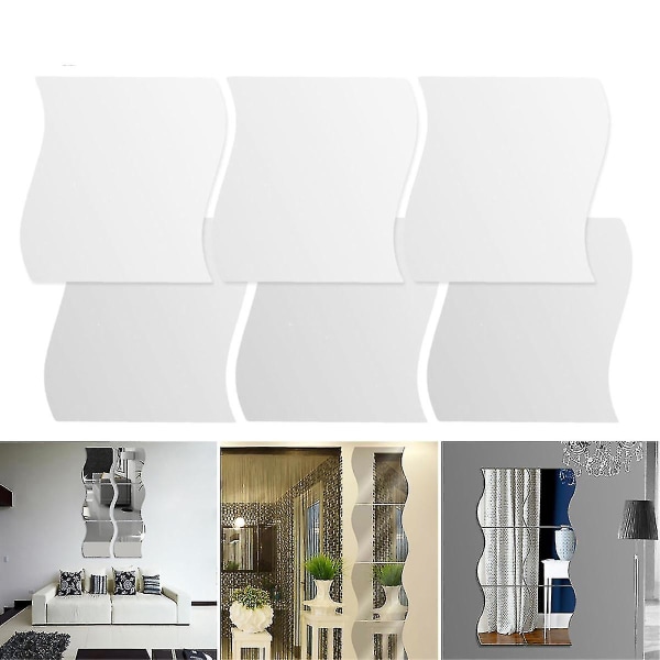 6pcs/set Wave Glass Mirror Tiles Wall Sticker Bathroom Decor