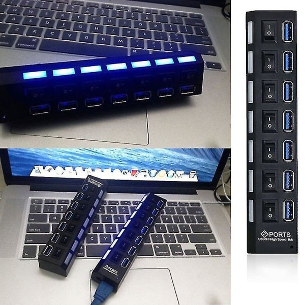 Kompakt USB 3.0 High Speed 7-ports hub med strømforsyning