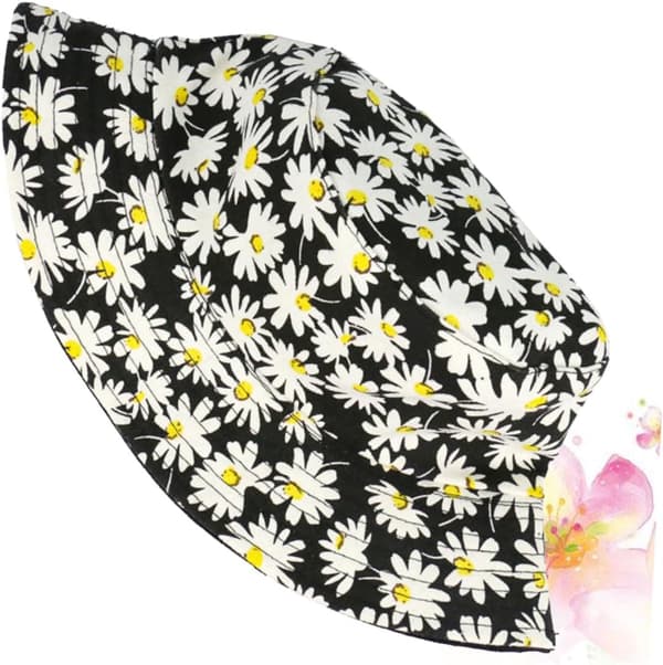 Daisy Printing Bucket Hat Sommer Solhat Mode til Udendørs Strandrejser Solbeskyttelse Sort