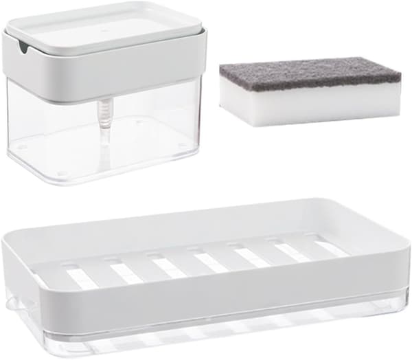 Såpedispenser til vask med synlig restmengde og svampholder, hvit PS- og ABS-materiale