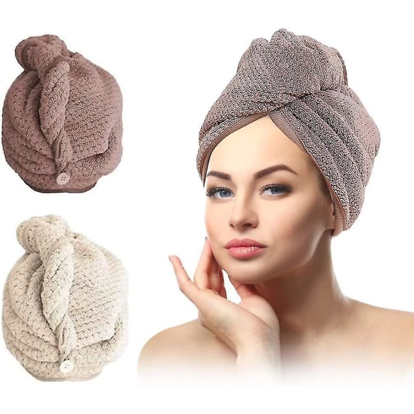 Turbaani Pyyhe, Pään Pyyhkeet Napilla Mikrokuitu, beige+ruskea - 2 kpl