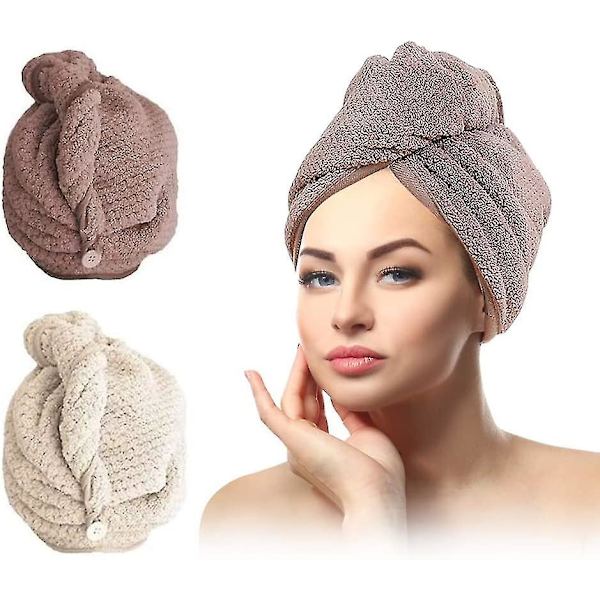Turbanhandduk, Huvudhandduk med Knapp Mikrofiber, beige+brun - 2 stycken