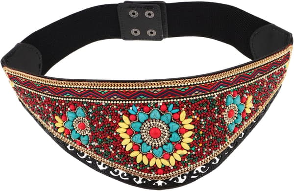 Boho elastisk midjebelte med turkise perler, justerbart bredt stretchkjolebelte
