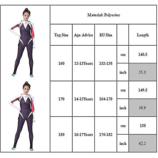 12-17 Jenter Tenåringer Gwen Kostyme Jumpsuit Fancy Up Bodysuit 16-17 Years