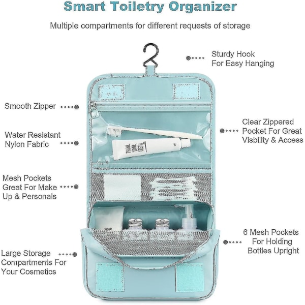 Hengende Toilettveske - Stor Kosmetikk Makeup Reise Organizer For Menn Kvinner Med Solid Henger Sky Blue