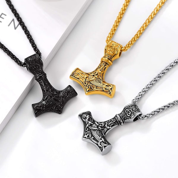 Mænd Amulet Halskæde - Thors Hammer Vedhæng Med Kæde, 55+5cm Justerbar, Smykker - Rustfrit Stål