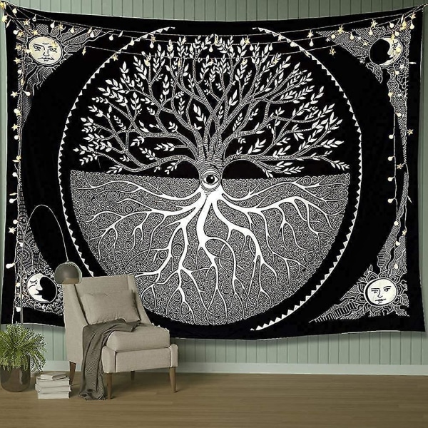 Livets træ Vægtæppe Sol Og Måne Æstetisk Vægtæppe Vægophæng Sort Hvid Mandala Vægtæpper Vægkunstdekor til Stue Soveværelse (træ