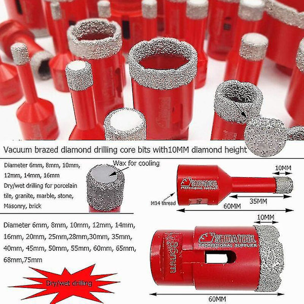Pieces Diamantbor 8mm Bor Bits Med M14 Gevind Til Tørboring I Porcelæn Fliser Granit Marmor - Rød