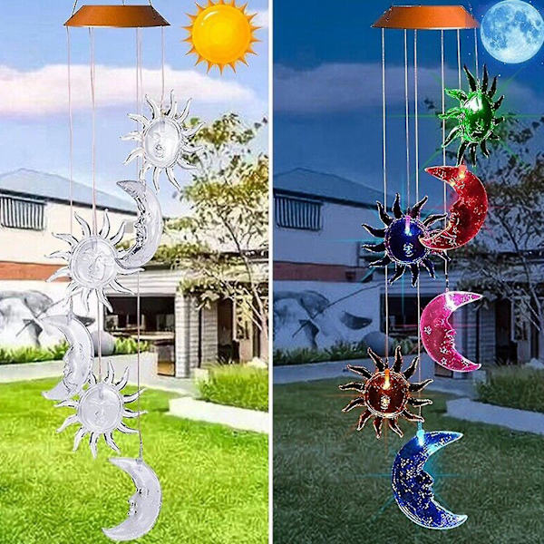 Solcelled Drevne LED Vindklokker med Sol og Månelys, Fargeskiftende, Utendørs 7y2e