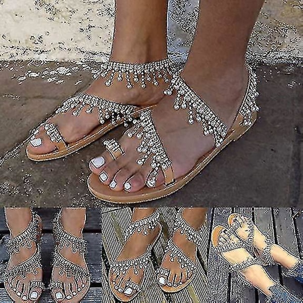 Plus Size Dame Rhinestone Faux Pearl Tassel Sandal