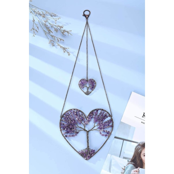 Ametyst Heart Tree Of Life Drømmefanger Hengende Ornament Bohemian Purple Double Hearts Tree