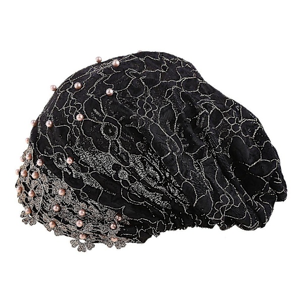 Kvinnors Muslimsk Mesh Stretch Hijab Turbanmössa Broderad Blommig Spets Beanie Huvudbonad Falska Pärlor Pärlstavad Bonnet Kemohätta
