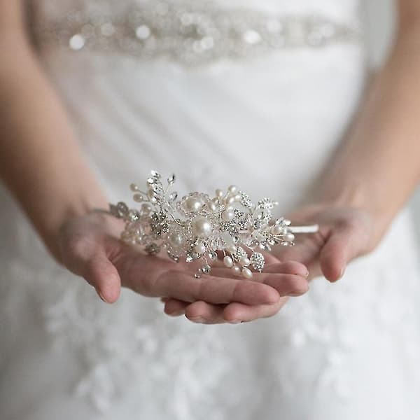 Håndlaget Perle Bryllups Hodebånd For Kvinner, Sølv Rhinestone Hårbånd Brud Hodeplagg, Hår Smykker Tilbehør 1stk Hvit