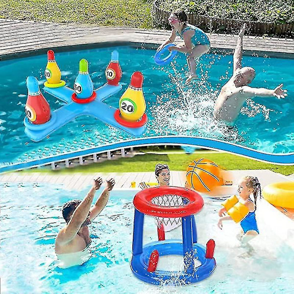 Uppblåsbar Pool Basketboll Leksak Set, Flytande Badring & Strandboll Kastspel Sommarfest
