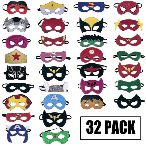 Superheltmasker for barn (32 pakker) filt og elastisk - Superhelts bursdagsmasker med 33 forskjellige typer for barn A-yuhao