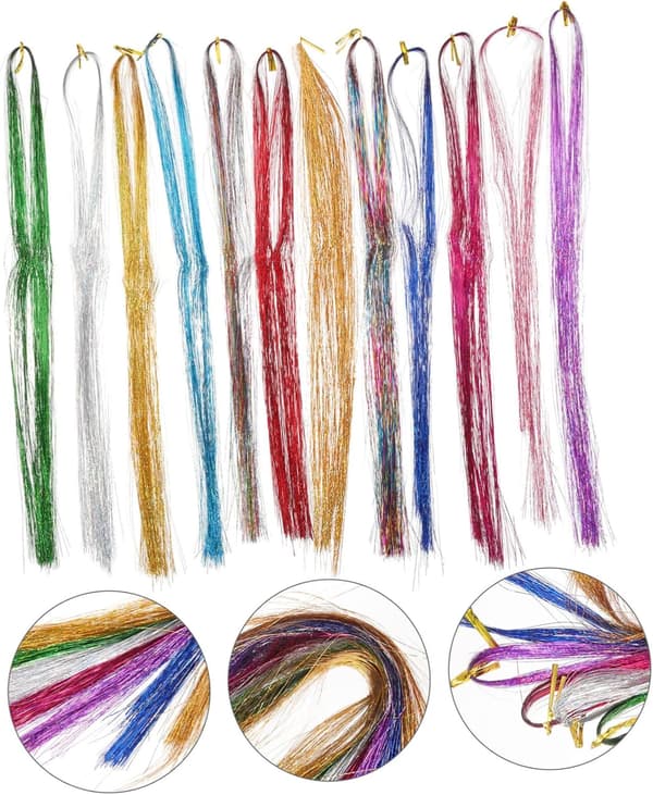 Silke Hår Tinsel Extensions Sæt Hår Tinsel til Festfletninger Inkluderer Krogenål og Perler