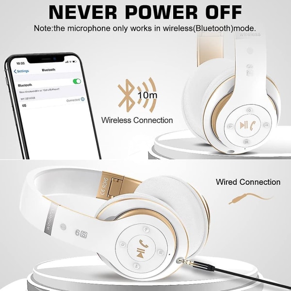 6s langattomat Bluetooth kuulokkeet korvan yli, taitettavat hifi-stereokuulokkeet, kuulokkeet White