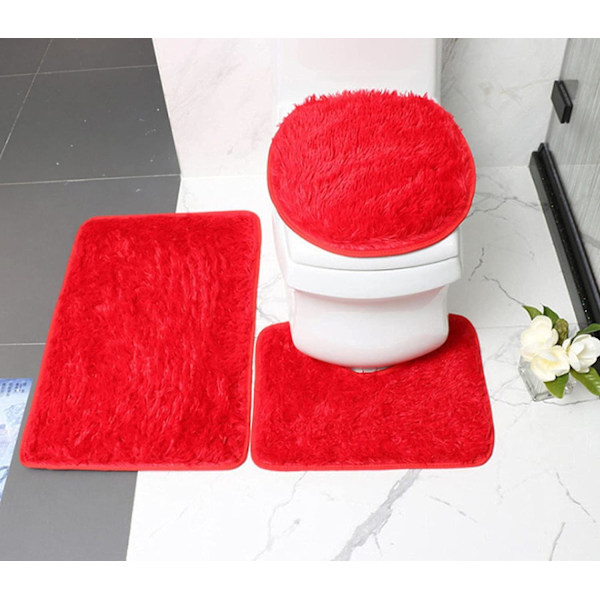 Tykke Badeværelsesmåtter Sæt 3 Dele, Bademåtte + Konturmåtte + Toiletlåg, Skridsikker Badeværelsesmåtter Med PVC-Prik Gummibagside, Super Lang Blød red
