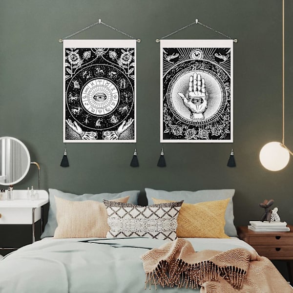 Fatima-handens Väggbonader med fransar, Svart Onda Ögat Väggbonader, Astrologi Zodiac Konstellationer Väggkonst för Sovrum Vardagsrum, 35x50
