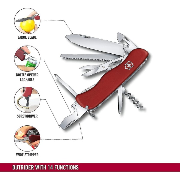 Ysdsy Outrider Schweizisk Fickkniv, Multiverktyg, 14 Funktioner, Blad, Sax, Korkdragare, Röd