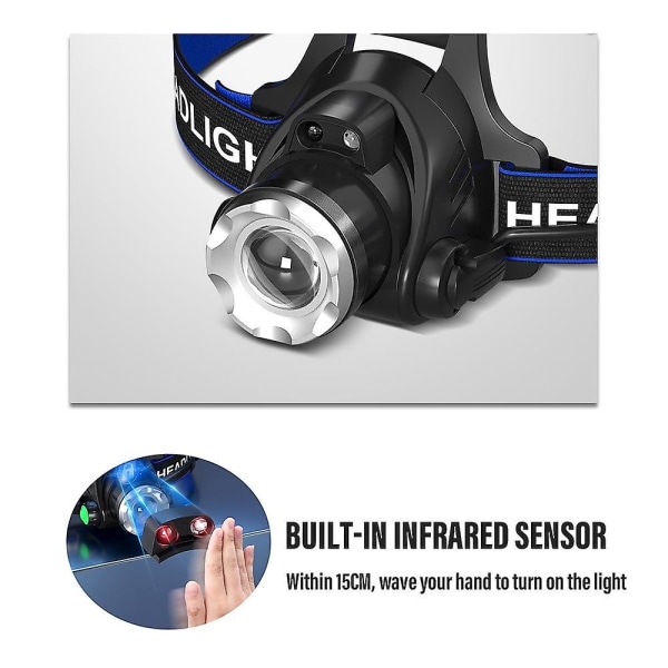 LED-huvudlampa Sensor Fiske T6/l2/p50 3 Lägen Zoombar