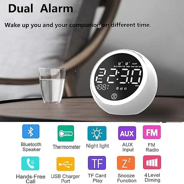 Väckarklocka med radio och dubbla alarm, FM-digital sängklocka med snooze-funktion, LED-display med 4 ljusstyrkor
