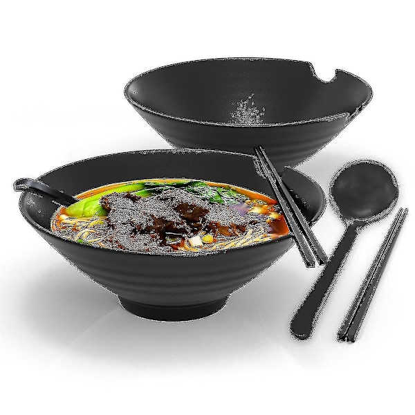 6-delad Ramen-skålset med 1000 ml fyllnadskapacitet - Traditionellt japanskt porslinset med ätpinnar och sked i svart-hao