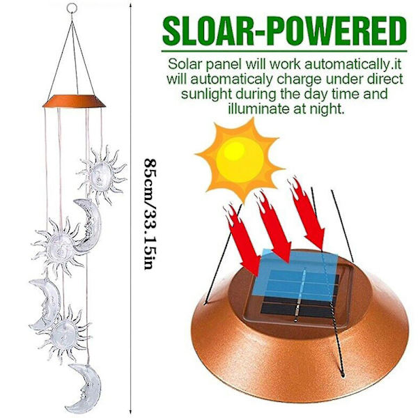 Solcelled Drevne LED Vindklokker med Sol og Månelys, Fargeskiftende, Utendørs 7y2e