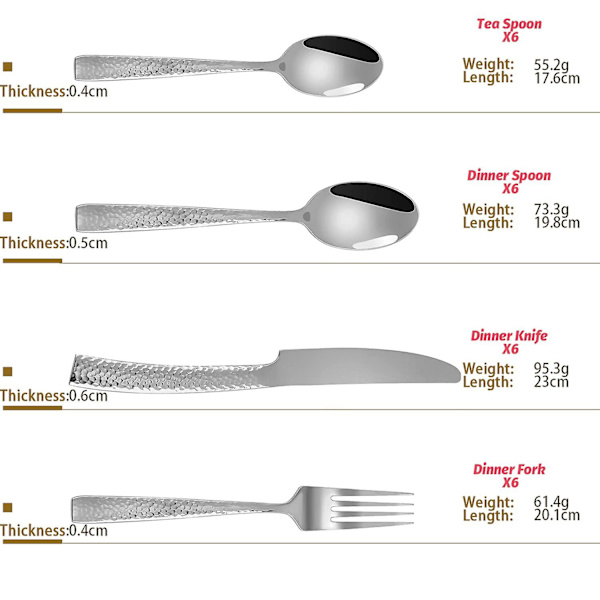 Bestikksett 24 deler, rustfritt stål, hamret, for 6 personer, inkluderer kniver, gafler og skjeer