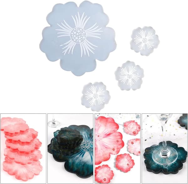 4 stk. DIY Epoxy Silikone Coaster Form Sæt, Blomsterform Harpiks Håndværksforme