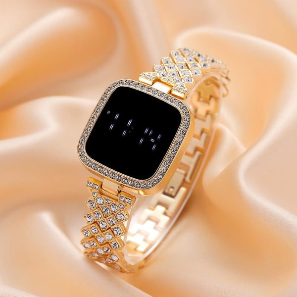 Led Touch Screen Klokke Square Diamond Elektronisk Klokke Lys Luksus Klokke Fasjonabel Enkel Dameklokke Gold