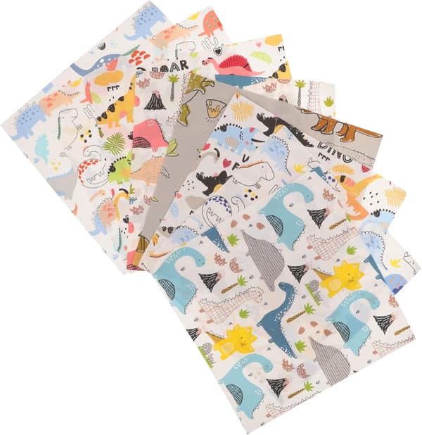 8 stk. dinosaurtrykte bomullsstoffpaneler 25x25cm Quilting Craft Bundle
